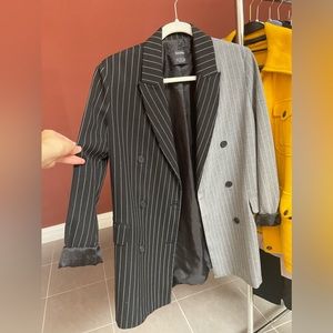 Bershka Colorblock Black and Gray Striped Oversized Blazer